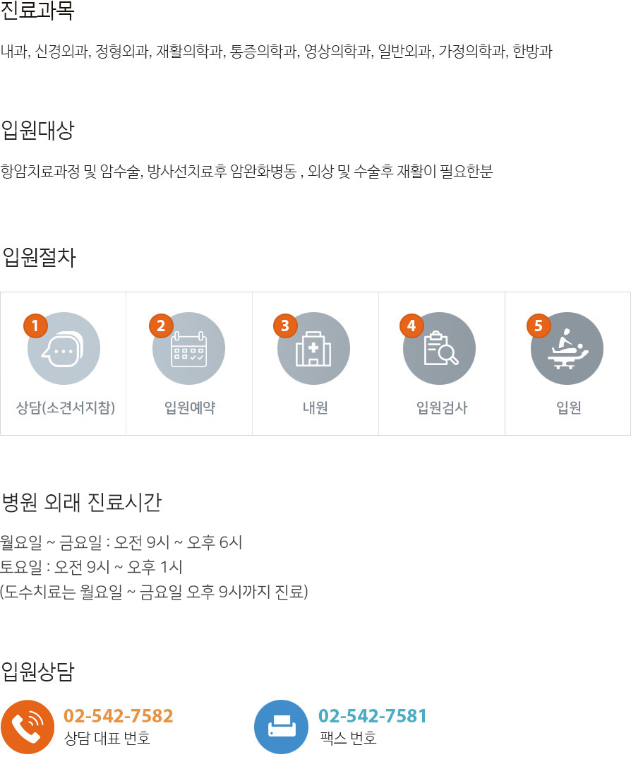 입실 및 진료안내, 주요 진료 과목, 입원대상, 입원절차, 병원운영시간 안내 : 월요일 ~ 금요일 : 오전 9시 ~ 오후 6시
토요일 : 오전 9시 ~ 오후 1시